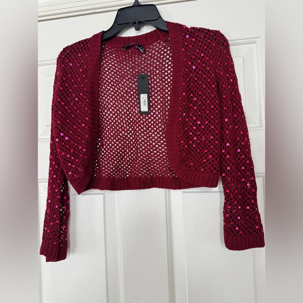 The Limited Burgundy Sequined Open-Knit Cropped Cardigan medium NEW